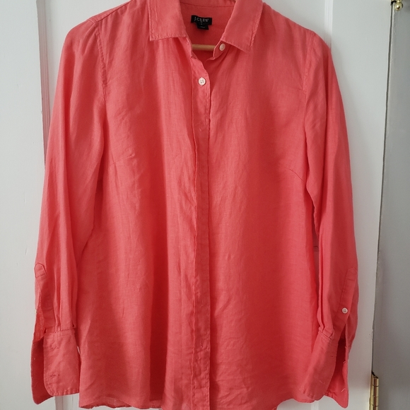 J. Crew Tops - J Crew Women's Linen Collard Button Up Shirt Salmon Pink Sz S